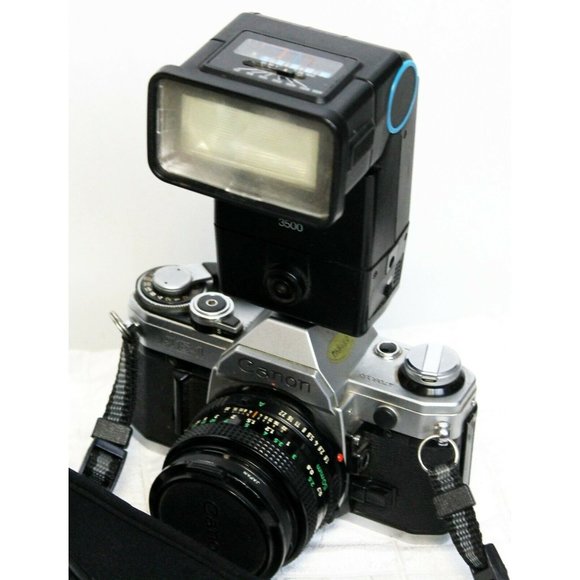 Vtg Canon AE-1 35mm Film Camera Flash Tele Converter 50mm 80mm Lens All Works - Picture 2 of 9